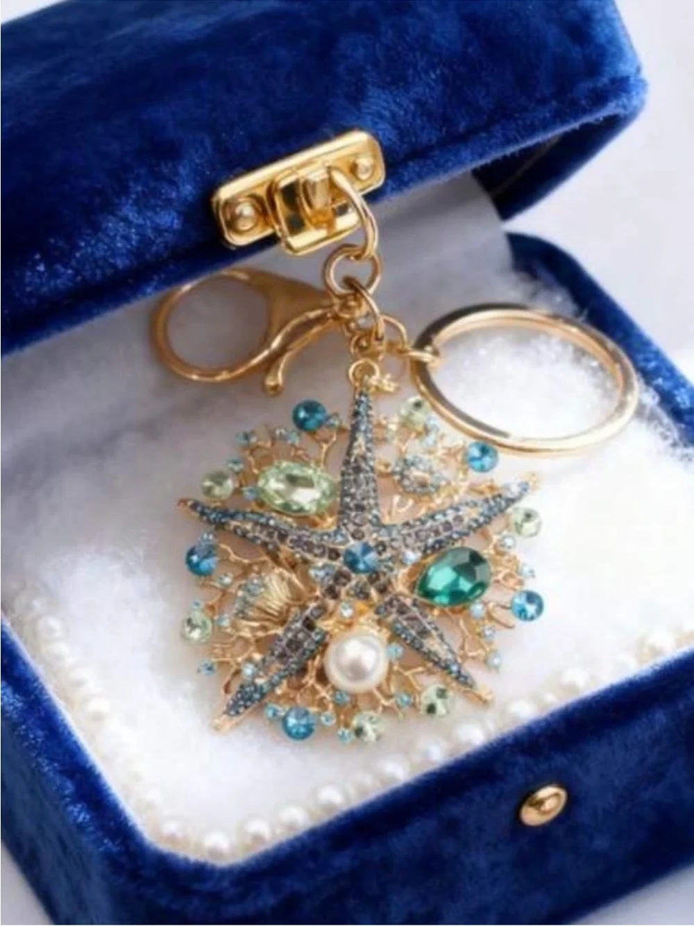 Gold Starfish Pendant Keychain with Blue and Green Crystals